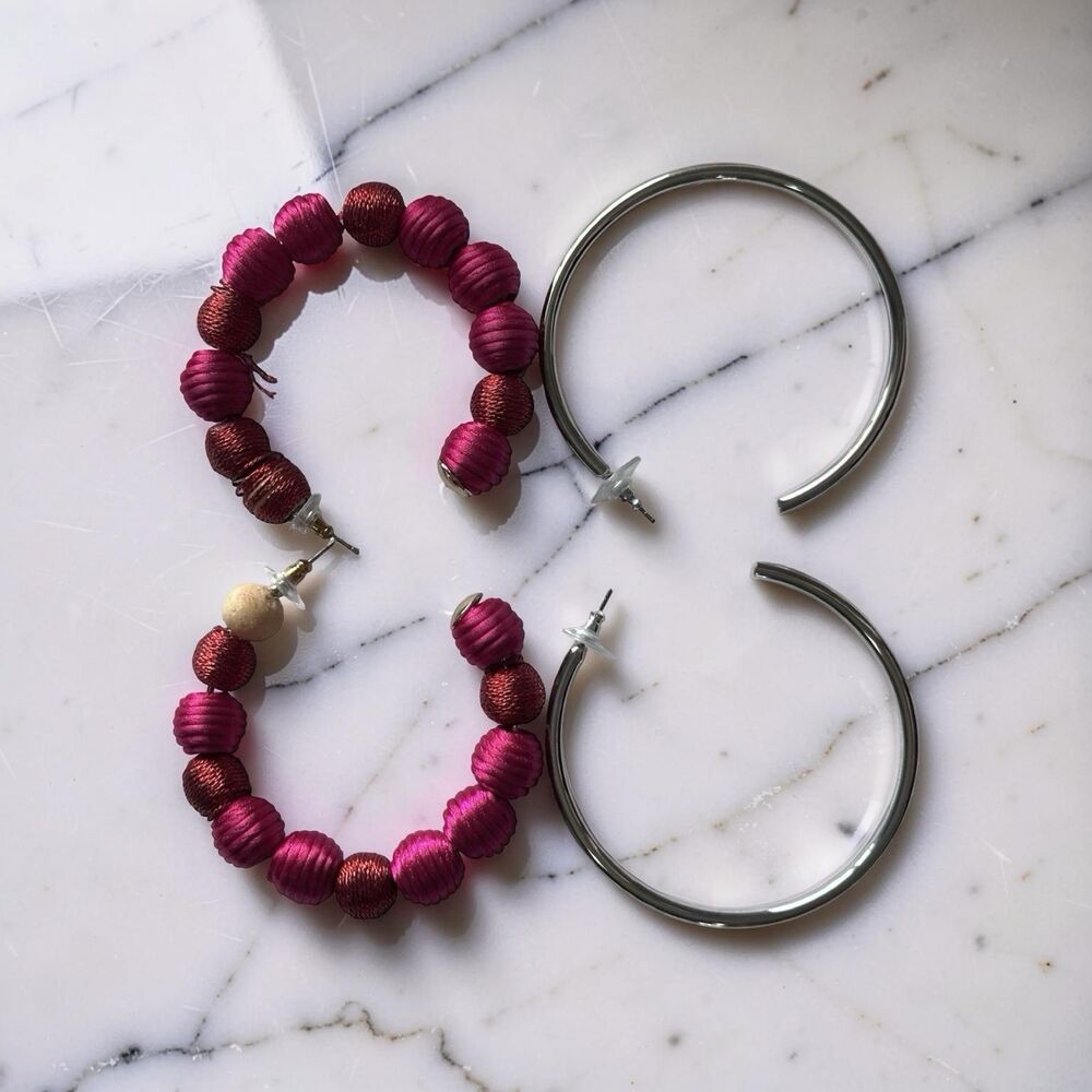 Large Hoop silver earrings and Pink beaded earrings Set of 2